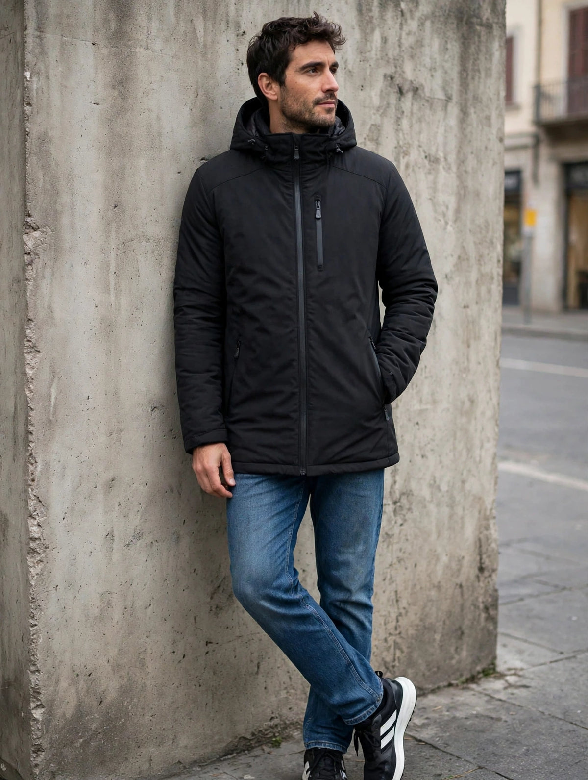 Giacca Yes-Zee Uomo Softshell Imbottita Piuma - Cappuccio Staccabile - Nero / Blu - Antivento Impermeabile