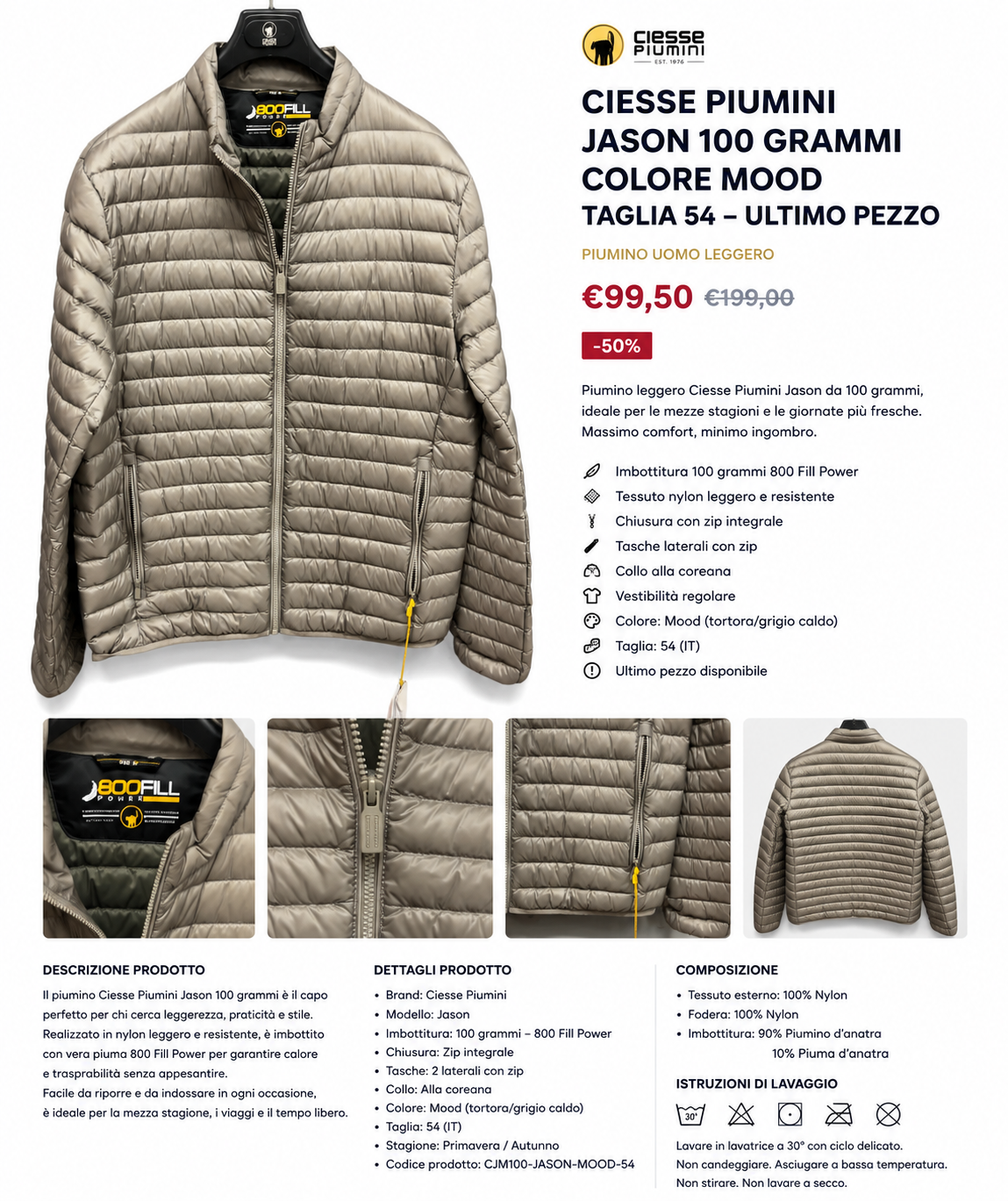 Piumino uomo Ciesse Piumini Jason 100 grammi colore Mood taglia 54 con zip frontale e tasche laterali.