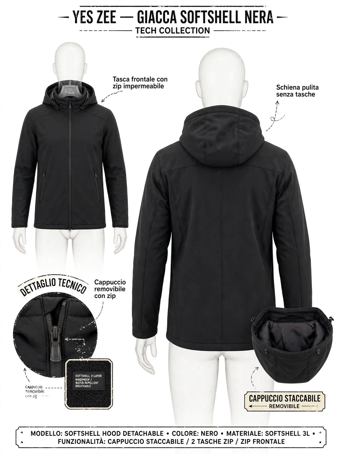 Giacca Yes-Zee Uomo Softshell Imbottita Piuma - Cappuccio Staccabile - Nero / Blu - Antivento Impermeabile