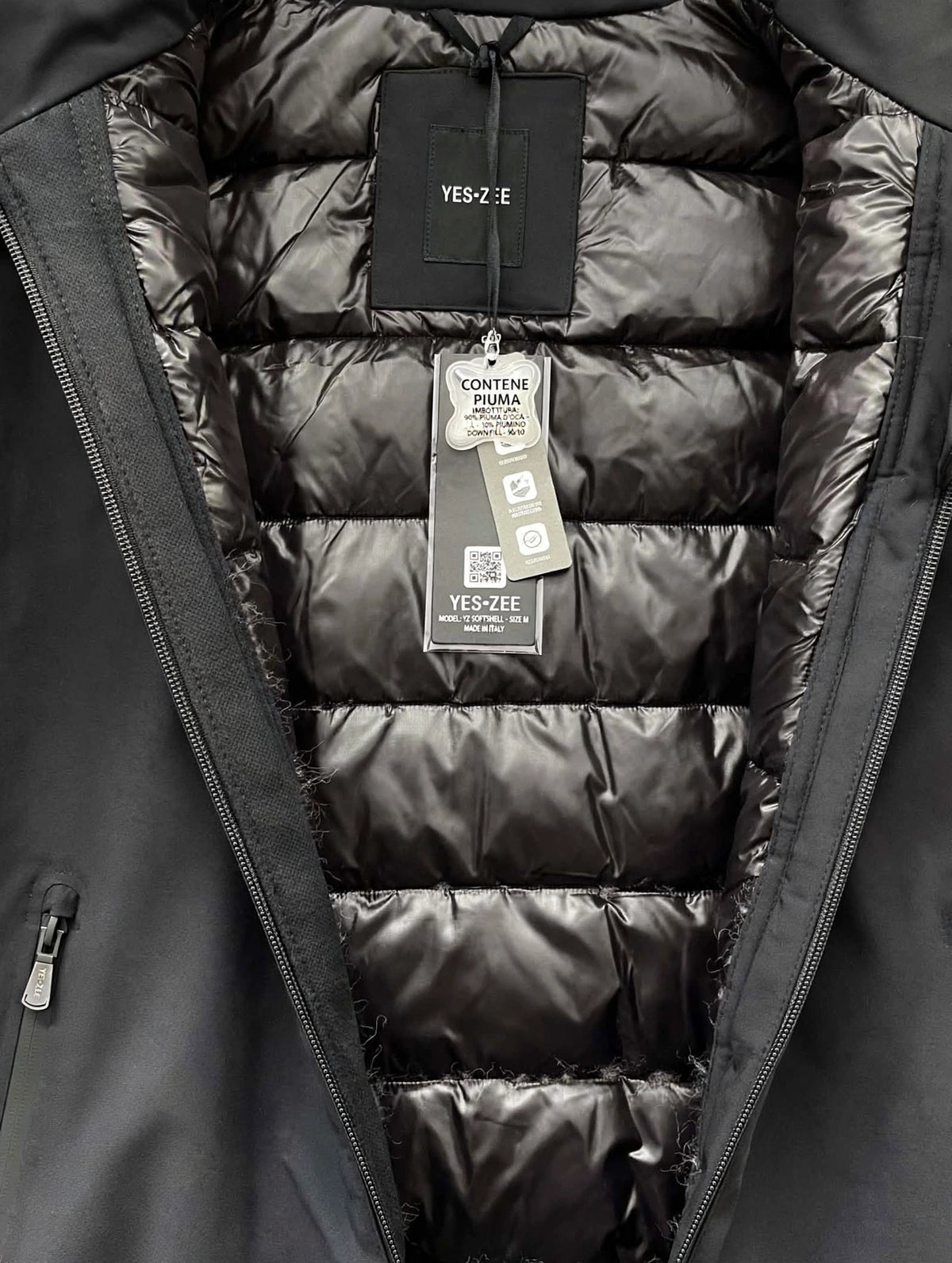 Giacca Yes-Zee Uomo Softshell Imbottita Piuma - Cappuccio Staccabile - Nero / Blu - Antivento Impermeabile