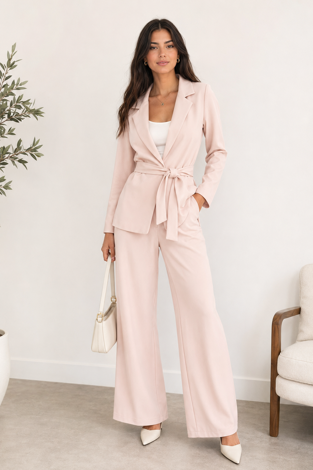 Completo Elegante Donna Susy Mix Cipria – Blazer con Cintura e Pantalone Fluido