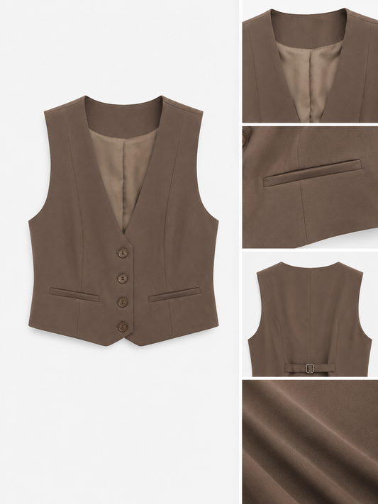 Gilet Sartoriale Donna PLEASE in Tessuto Fluido – Moka
