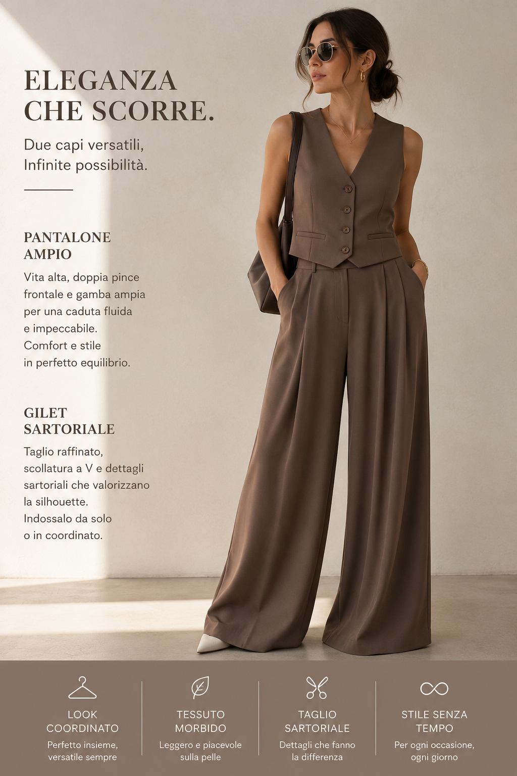 Pantalone donna Please modello a palazzo tessuto fluido col. Moka