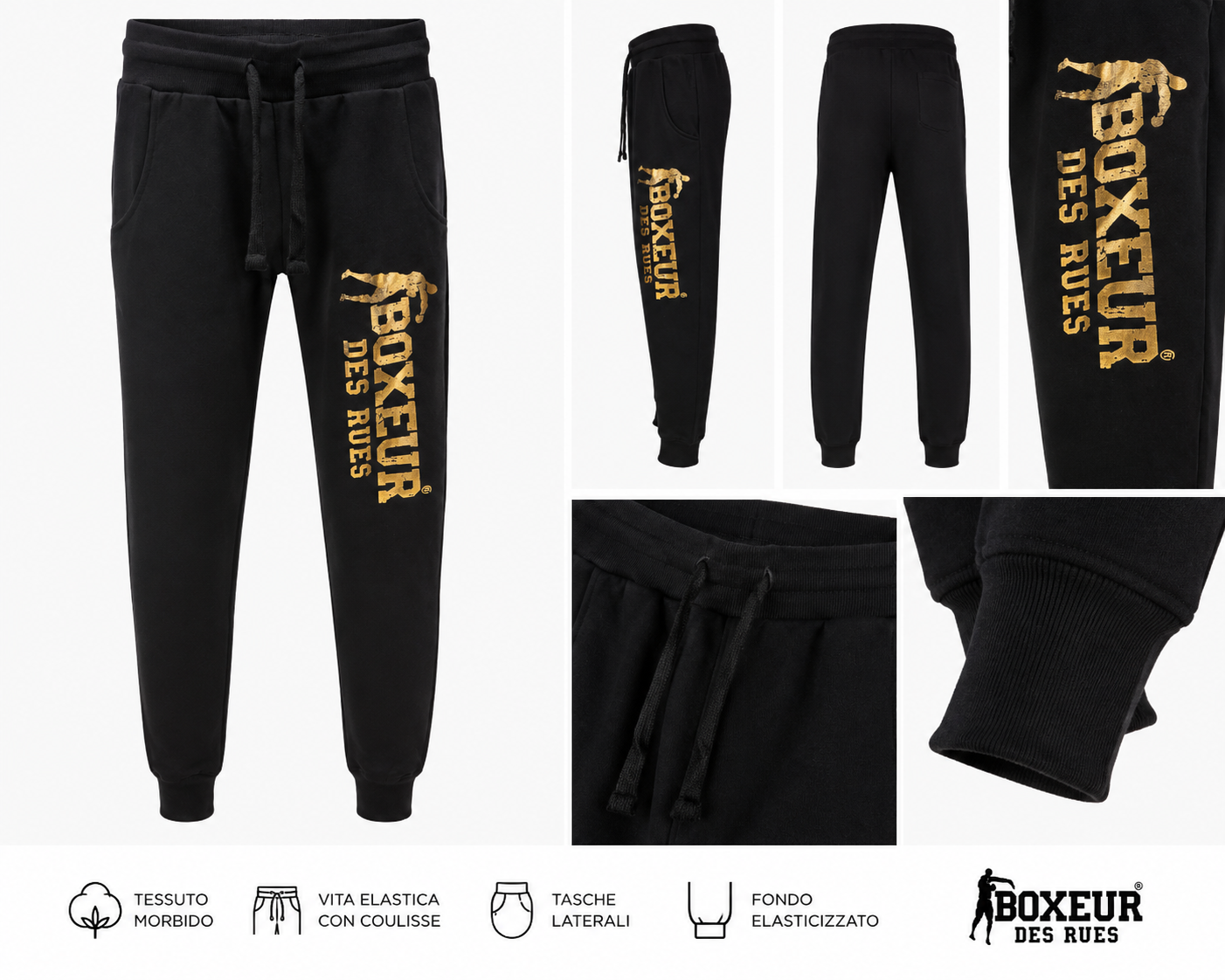 Pantalone Tuta Uomo Boxeur Des Rues Nero con Logo Gold – Slim Fit