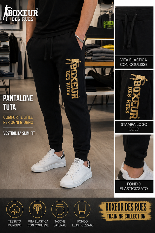 Pantalone tuta uomo Boxeur des rues nero slim fit con logo oro, vita con elastico e culisse, tasche laterali e fondo elasticizzato.