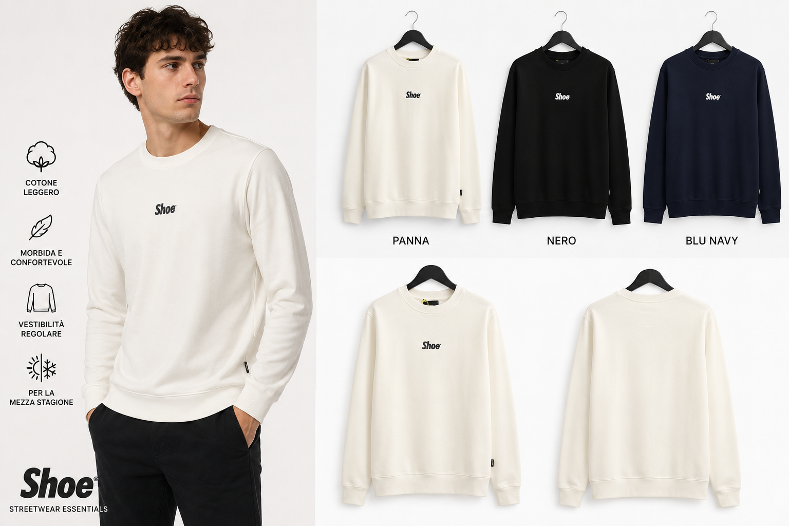 Felpa uomo estiva girocollo in cotone leggero con logo frontale, vestibilità regolare. Colori: Panna, Nero, Blù