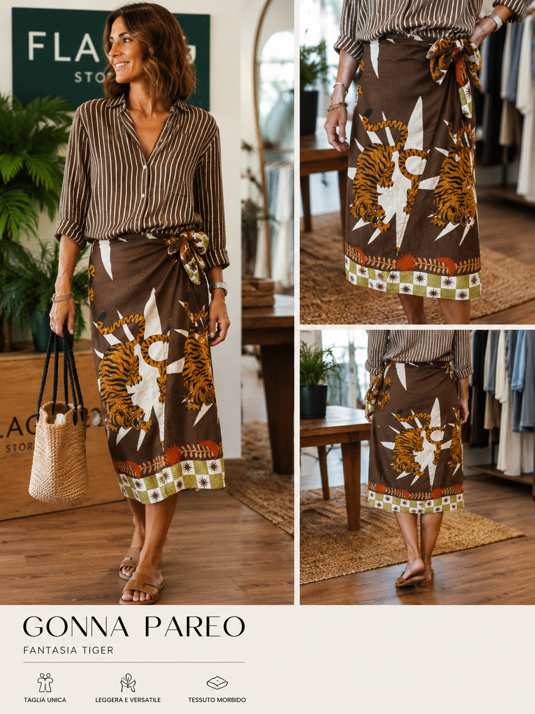Modella che indossa gonna pareo donna fantasia Tiger marrone Made in Italy con chiusura regolabile sul fianco.