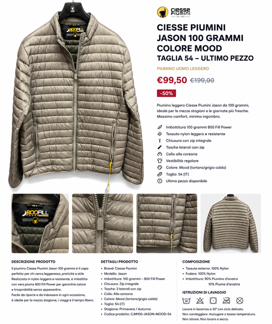 Piumino uomo Ciesse Piumini Jason 100 grammi colore Mood taglia 54 con zip frontale e tasche laterali.