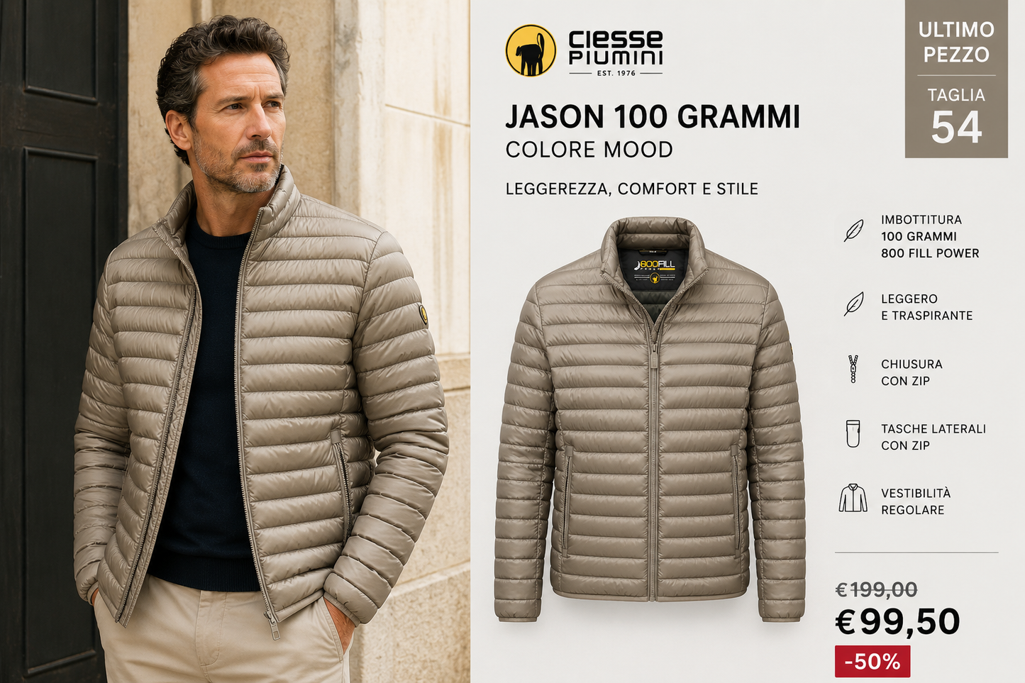 Piumino uomo Ciesse Piumini Jason 100 grammi colore Mood taglia 54 con zip frontale e tasche laterali.