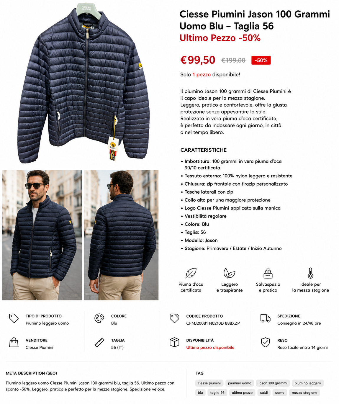 Ciesse Piumini Jason 100 Grammi Uomo Blu – Taglia 56 – Ultimo Pezzo -50%