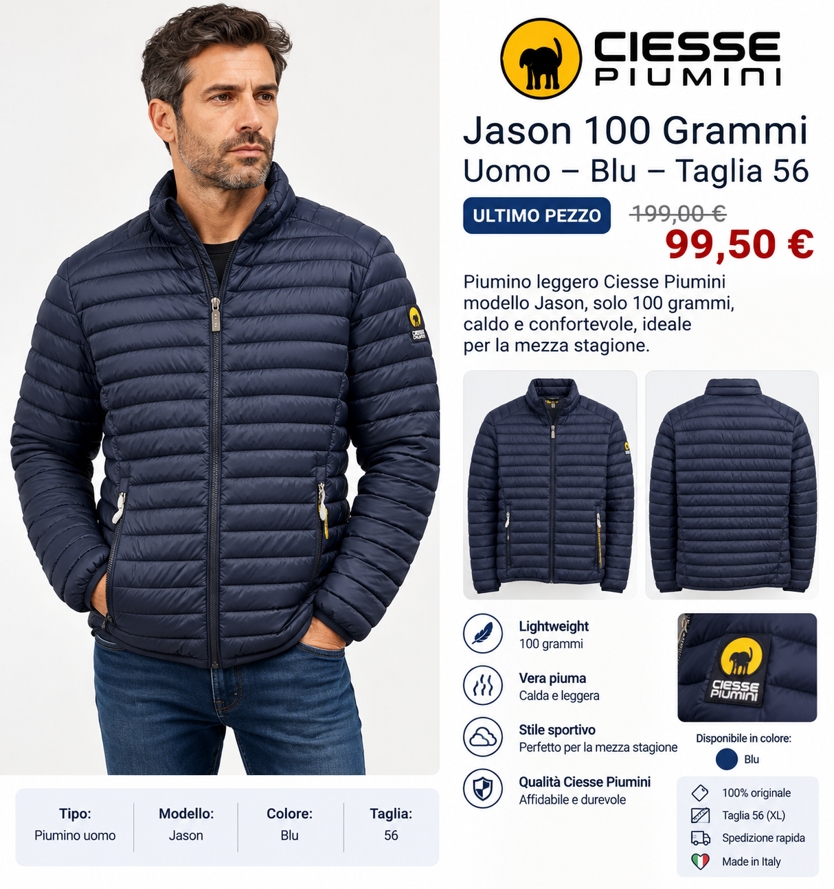 Ciesse Piumini Jason 100 Grammi Uomo Blu – Taglia 56 – Ultimo Pezzo -50%