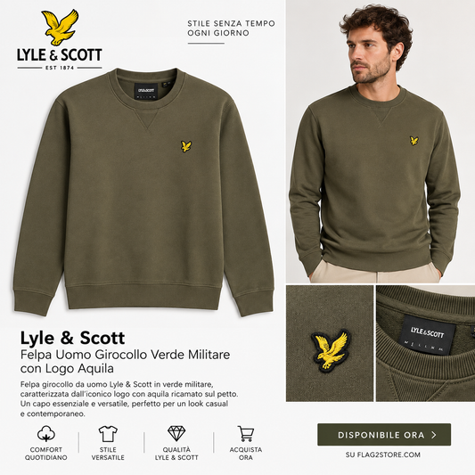 Lyle & Scott Felpa Uomo Girocollo Olive con Logo Aquila