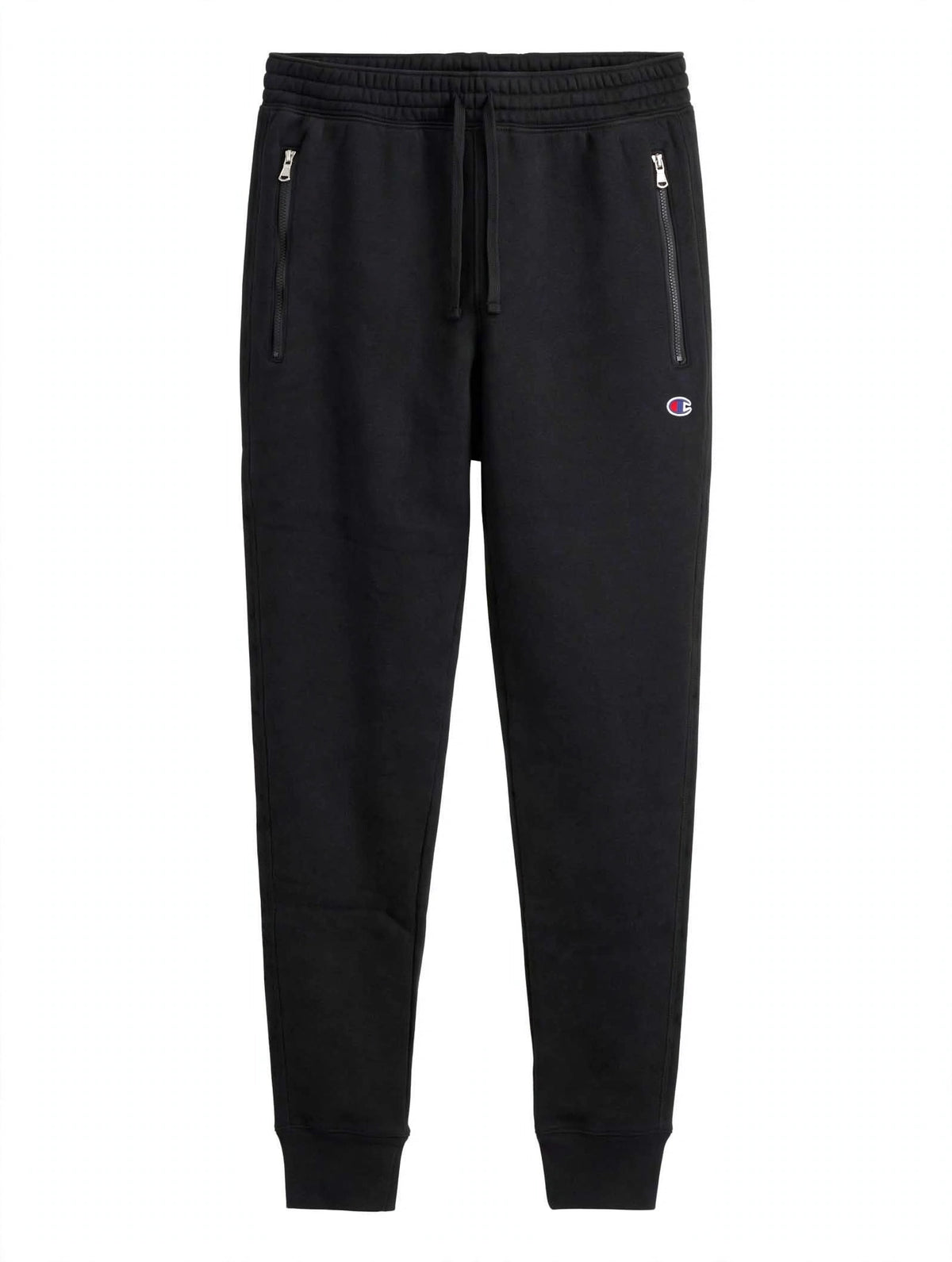 Pantalone tuta uomo Champion felpato nero con cerniere alle tasche e logo ricamato - vista frontale
