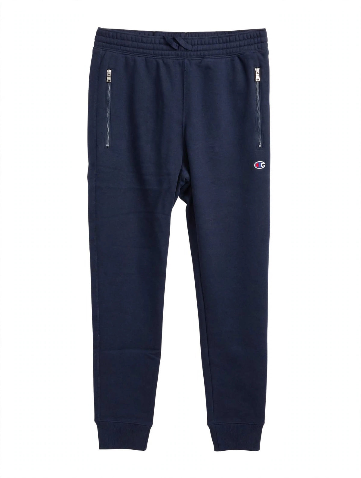 Pantalone jogger uomo Champion blu navy felpato con tasche zip - vista frontale su fondo bianco
