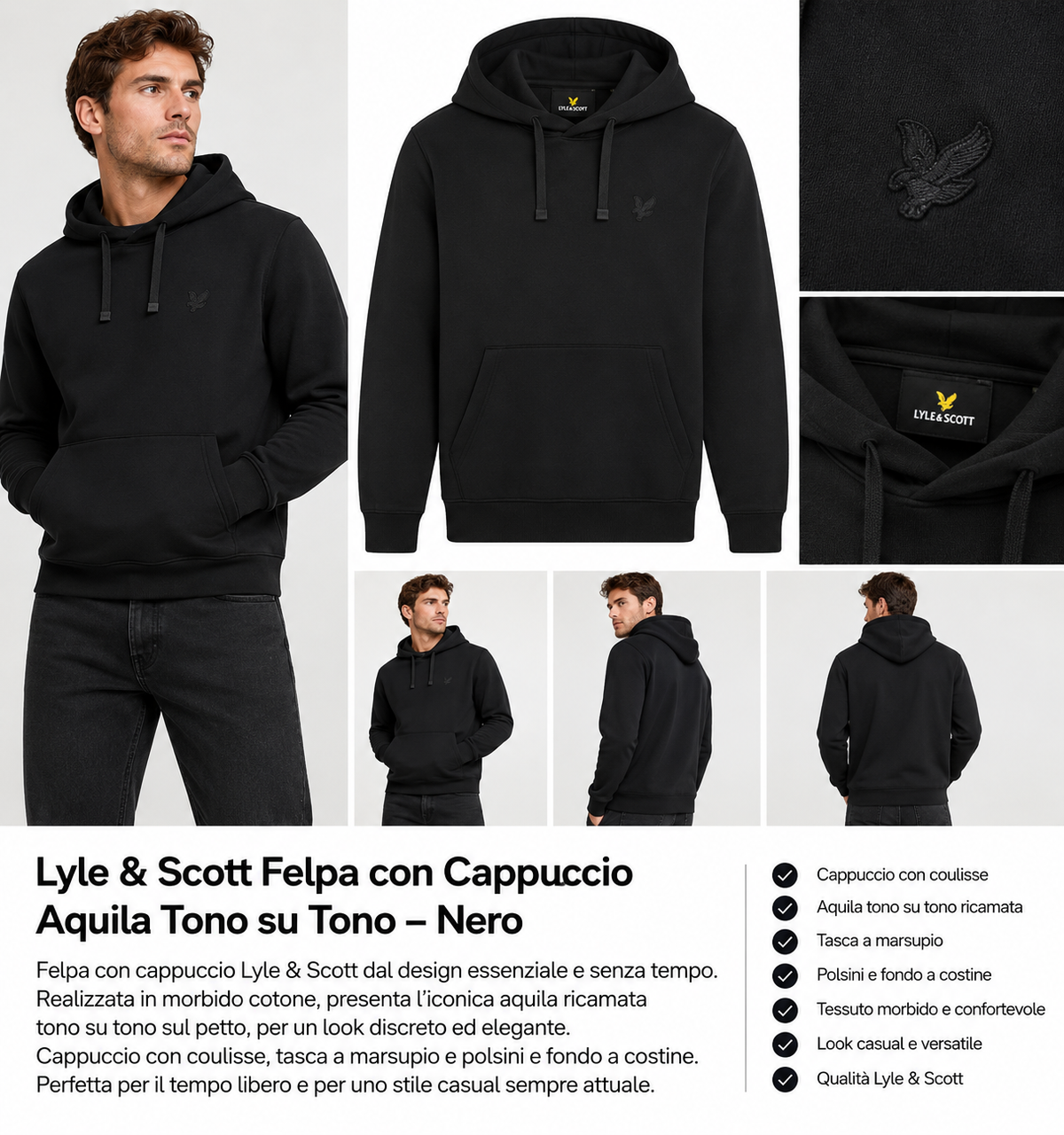 Lyle & Scott Felpa con Cappuccio – Aquila Tono su Tono Nera