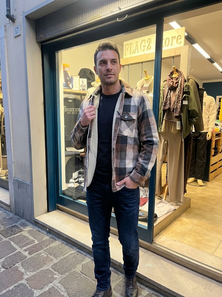 Giubbotto Uomo Yes Zee a Quadri Marrone, Grigio e Panna