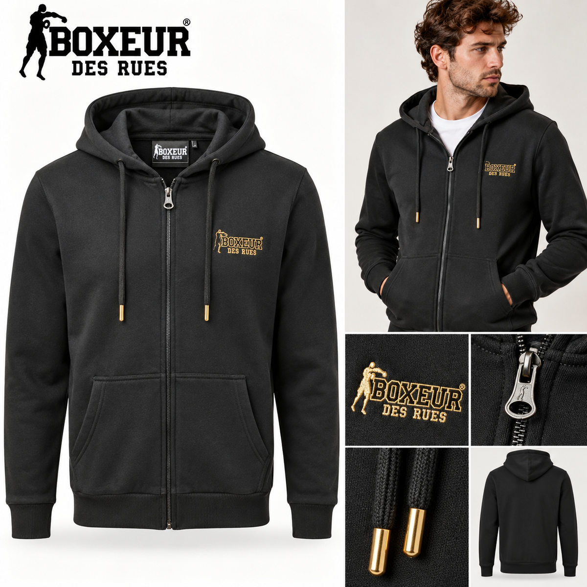 Felpa Uomo Full Zip Boxeur des Rues Nera con Cappuccio