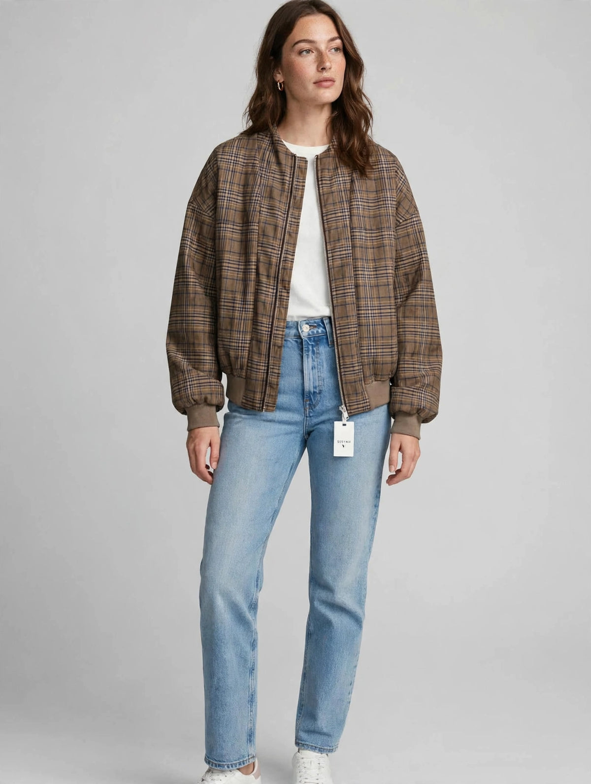 SUSY MIX - Bomber Donna Crop Check Oversize - Fantasia Quadri Beige / Blu