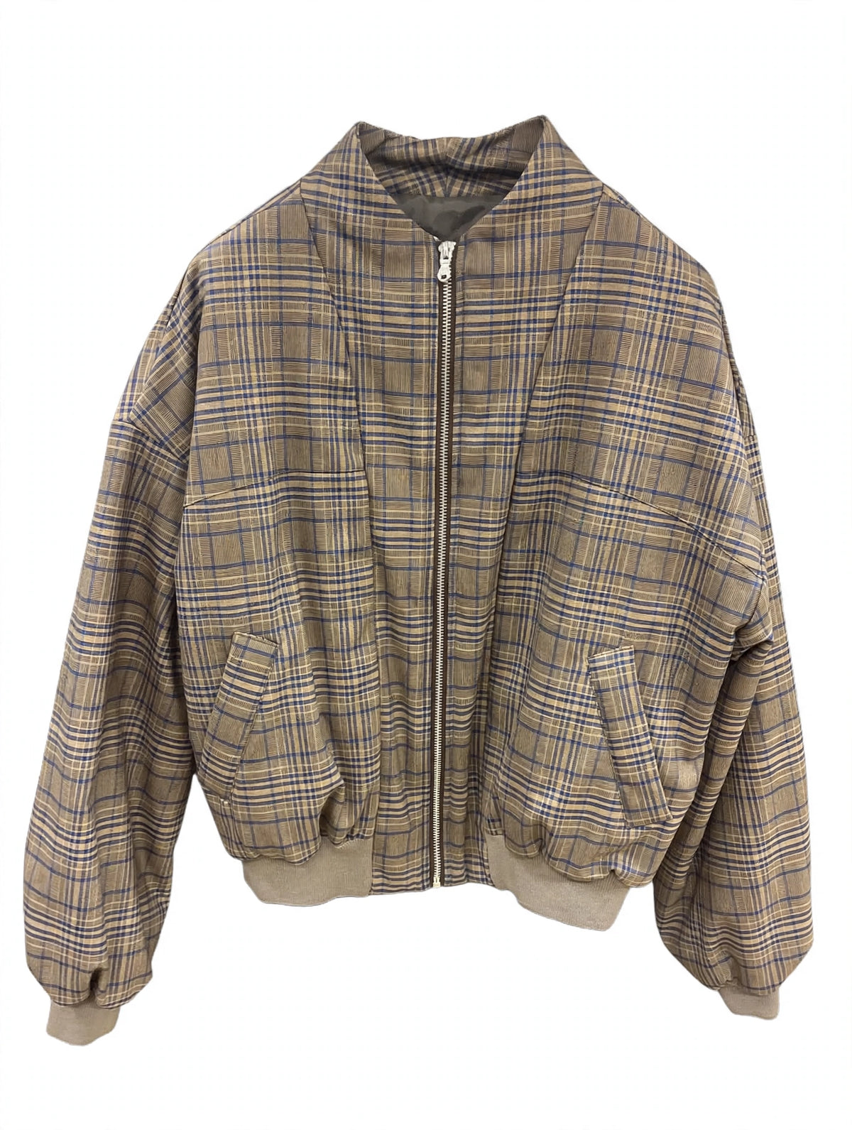 SUSY MIX - Bomber Donna Crop Check Oversize - Fantasia Quadri Beige / Blu